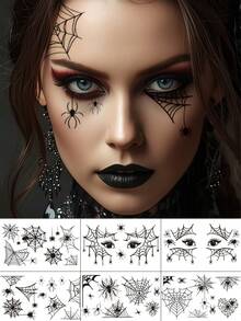 6 Sheets Goth Spider Web Tattoo Stickers, Waterproof Halloween Face Tattoos, Spider Eye Shadow Tattoos, For Halloween Makeup Prank Cosplay Festival Prom Rave Accessories - Black - View 1