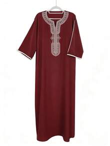Men's Ramadan Embroidered Thobe, Men's Pullover Gandoura Solid Color Thawb, Arabic Men's Traditional Gandoura Thobe Robe With Pockets - Burgundy - View 2