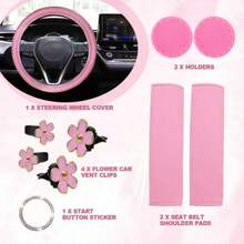 Damen Echtes Leder Lenkradbezug 10-teiliges Set 14,5-15 Zoll Auto Zubehör mit Sicherheitsgurt Schulterpolstern, Sicherheitsgurtbezug Becherhalter, Startknopf Ring Aufkleber - Verschiedenfarbig - Übersicht 7