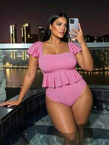 Women's Plus Size Pink & White Vertical Striped Textured Square Neck Ruffle Flutter Sleeve Tankini, High Waist 2 Pieces Swimsuit, Suitable For Beach, Vacation, Party Season - Pink - View 4