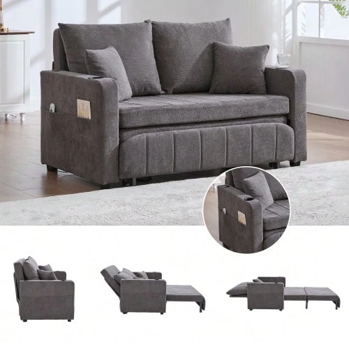 Multifunctional Fabric Sofa, Pull-Out Sleeper Sofa, Usable As A Sofa Or Bed, With Storage Pockets On The Armrests - Grey - View 1