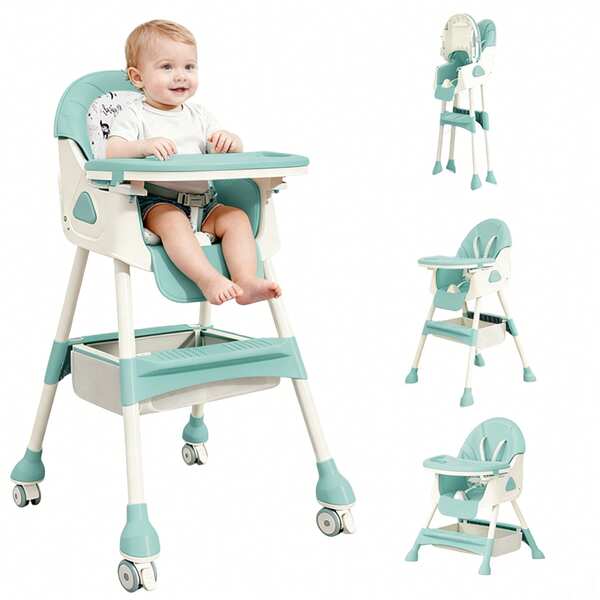 Nawahev 4-In-1 Foldable Baby High Chair With Adjustable Height, Removable Double Tray, Detachable PU Seat Cushion & Lockable Wheels For Babies & Toddlers
