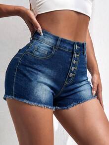 Women's Casual High Stretch Denim Shorts, Button Fly, Straight Leg, Frayed Hem, Ideal For Creating A Grunge Style Look. - Navy Blue - View 2