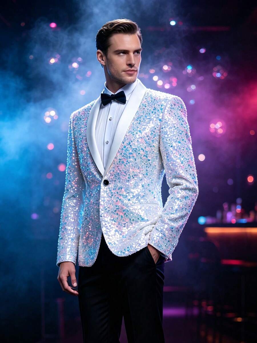 Men's Shiny Sequin Blazer, Single-Button Shawl Collar Tuxedo Jacket For Prom, Wedding, Stage Performance And Party - White - View 1