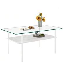 Modern Coffee Table With Black Glass Top, Living Room Table With MDF Shelf And Metal Frame, Rectangular Sofa Table With 2-Tier Storage, Black-H45/W98/D58 Cm - 白色 - 查看 5
