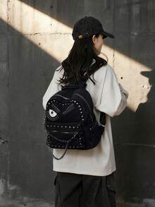 Punk Denim Backpack With Eye Print And Studded Chain Decor Casual Fashion Daypack For Streetwear Enthusiasts Daily Use(Without Iron Chains) - Black - View 2