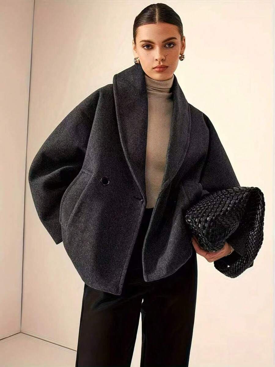 Women's Plus Size Shawl Collar Batwing Sleeve Jacket With Pockets, Warm Lining, Winter Fashion Choice