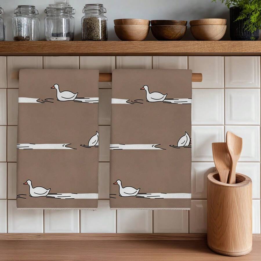 2PCS Kitchen Towels Brown Background Duck Playing In Water Pattern, Ultra-Fine Fiber Material Soft Kitchen Towels Dish Cloths, Hand Towels, Tablecloths, Kitchen Decor, Kitchen Cleaning, Bathroom Cleaning, Holiday Party Decor, Kitchen Bathroom Supplies Home Essentials, Home Decor, Housewarming Gift - Grey - View 1
