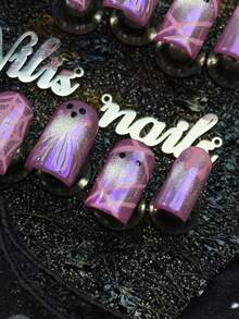 10 pièces Ongles carrés entièrement recouverts faits à la main, ongles à coller, motif œil de chat rose pastèque argenté fantôme & toile d'araignée, faux ongles d'Halloween, réutilisables, convenant pour les fêtes, le quotidien, le cosplay, avec colle gelée et lime à ongles, jolis ongles de fête pour les filles - Rose orangé - Voir 6