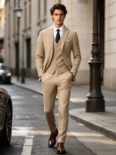 WindsorQuad Men's Suits Gentleman Simple Slim Fit Single Breasted Business 3 Pieces Suit For Men Blazer Vest Pants Set Wedding Party Prom Old Money Style