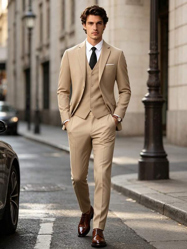 WindsorQuad Completo da uomo Furuyal, stile gentleman minimalista slim fit monopetto a 3 pezzi, include giacca, gilet e pantaloni, adatto per matrimoni, feste, gala per esibire uno stile raffinato, colore champagne, taglie dalla XS alla XXXL