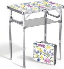 2ft Folding Camping Table, 3 Adjustable Height Small Folding Table With Storage Net Lightweight & Portable With Carry Handle, For Outdoor Indoor Camping Beach Hiking BBQ RV, Blooming Floral - Blooming Floral - View 1