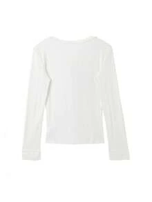 Korean Style Fashion White Inner Layer Long Sleeve T-Shirt, Autumn Textured V-Neck Lace Trim Slim Fit Flattering Top Casual - White - View 7