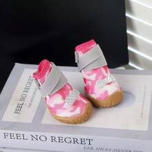Camouflage atmungsaktive Mesh Welpen Schuhe, Sportschuhe mit Klettverschluss, rutschfeste weiche Sohle, kleine Hunde Outdoor Haustierschuhe (4 Stück/Packung) - Pink - Übersicht 3