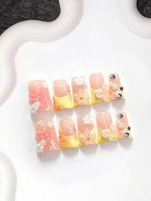 10件裝活力女孩風手工穿戴甲，Polygel美甲套組，手工花卉與蝴蝶圖案，粉色與黃色配色，可愛女孩風，含美甲工具，3種尺寸可選，杏仁/鴨嘴/棺材形，適合派對、跳舞、日常配戴 - 彩色 - 查看 15