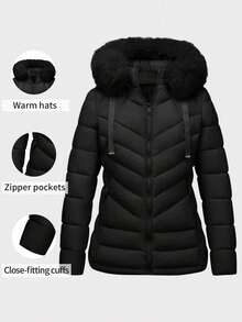 Chaqueta de plumas con capucha casual para mujer, con bolsillos, ligera y cálida, adecuada para uso diario - Negro - Ver 7