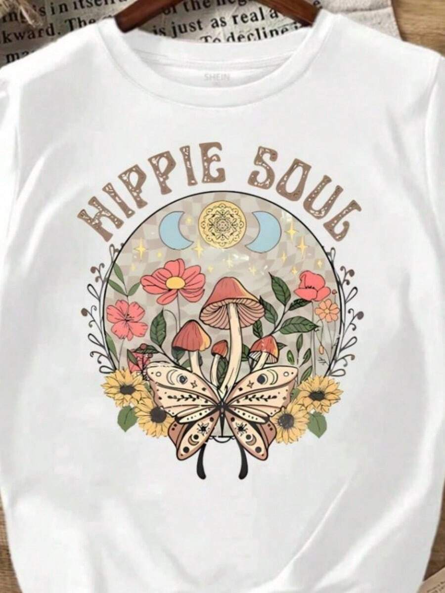 HIPPIE SOUG Letters And Cartoon Mushroom Pattern Ladies T-Shirt Leisure Fashion Short SLeesves - 白色 - 查看 1