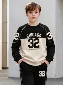 Set Sweatshirt Raglan Colorblock Musim Semi/Gugur untuk Anak Laki-laki, CHICAGO 32 Letter Crew Neck Top dan Celana Sweatpants dengan Garis Putih di Samping dan Manset, Set 2 Potong - Aprikot - View 5