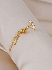 1pc Exquisite Marquise Cubic Zirconia Chain Belly Ring, Suitable For Women's Daily Wear, Dates, Parties, Gatherings And Layering - Yellow Gold - View 7