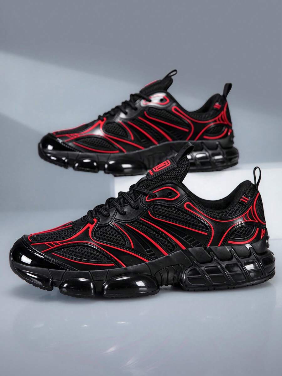 Men's Fashion Sneakers, Comfortable Round Toe Design, Suitable For Daily Wear And Street Style, Durable For All Seasons - Black and Red - View 1