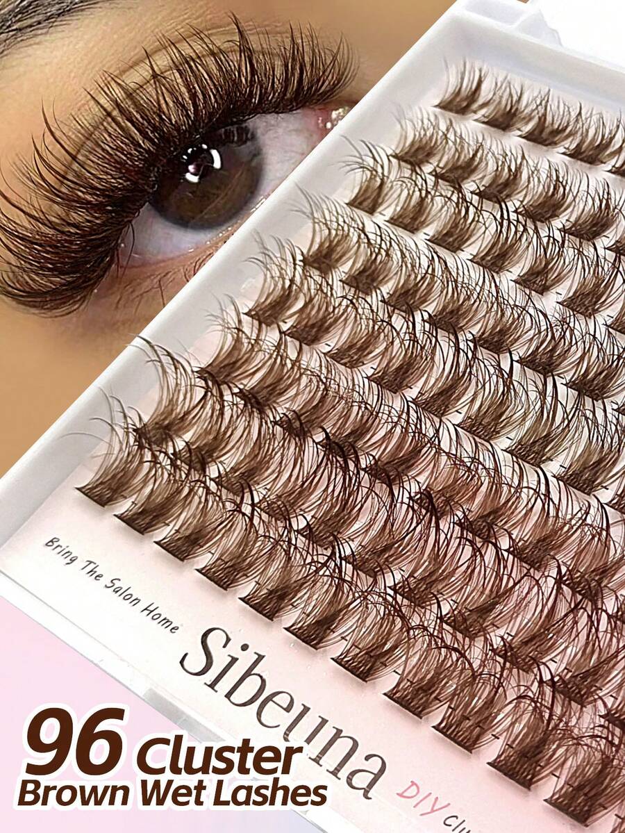Sibeuna 96 pièces grappes de cils à usage humide marron, faux cils en grappe unique à boucle naturelle, boucle D, longueur 10-16 mm, grappes de cils marron dramatiques - D - Voir 1