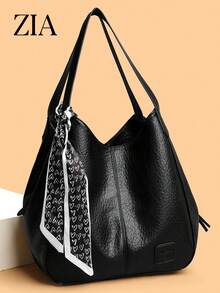 Women's Fashion Soft Leather Large Capacity Commuter Tote Bag Scarf Bucket Bag - Black - View 8