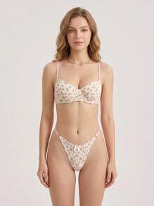 Aesletic Floral Print Ballet Style Lingerie Set, Bow Detail Underwire Bra And Thong, Sweet And Playful Style Lingerie - Beige - View 3