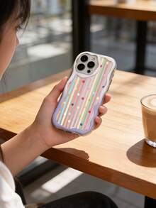 Cream Dopamine Wave Ruffle Soft TPU Texture, Creative Personalized Dopamine Rainbow Stripe Pattern, DIY Bow Knot Wrist Strap Phone Case Compatible With Galaxy S21 S22 S23 S24 S25 S26/Honor/ And Other Models - Clear - View 3