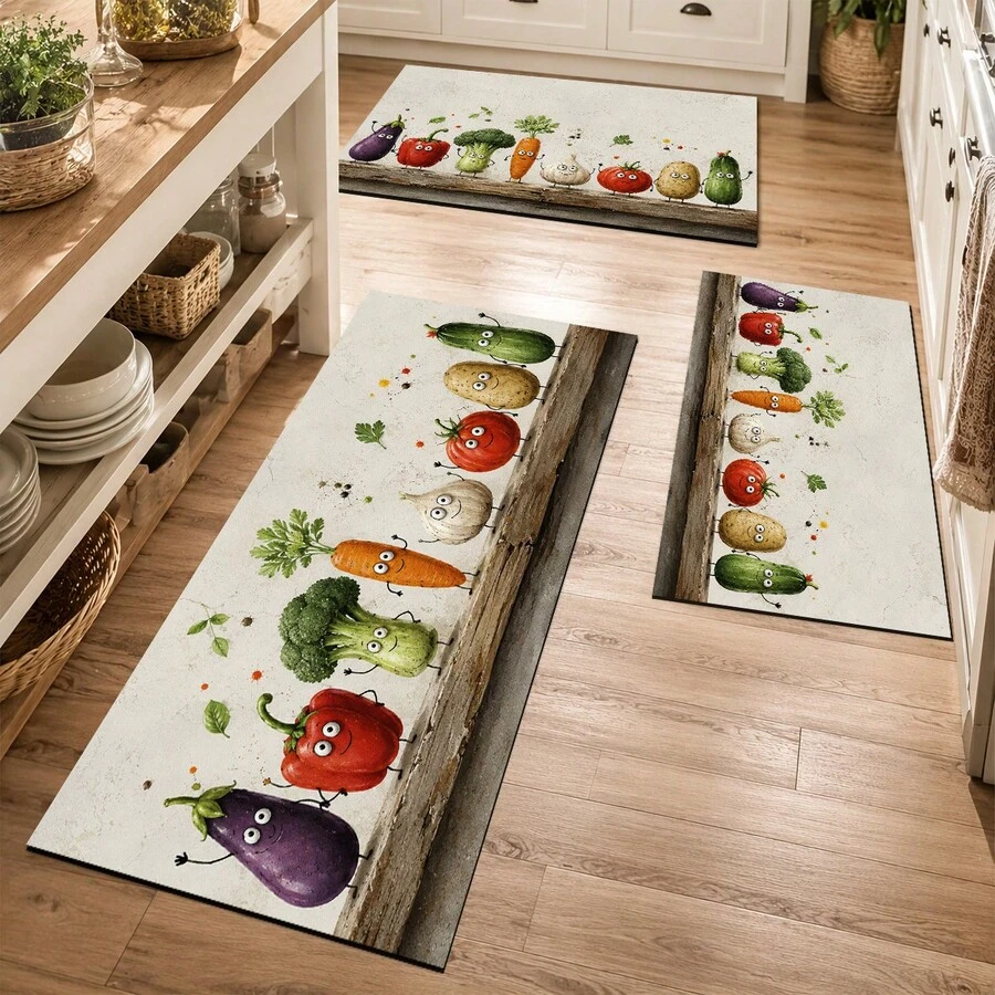 1pc Fun Vegetable Pattern Kitchen Mat, Eggplant Chili Pumpkin Onion Print Anti-Slip Floor Mat, Suitable For Kitchen Sink, Entryway And Laundry Room - Multicolor - View 1