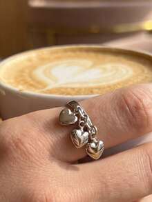 1Pc Minimalist Unique Silver Heart Pendant Ring For Women Suitable For Daily Wear Party And Dating Perfect Jewelry Gift For Birthday. - Silver - View 3