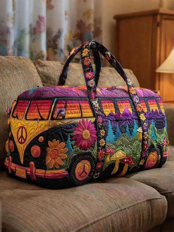 1 túi duffel du lịch in hình xe van hippie retro, túi tote cuối tuần họa tiết hoa, túi đựng đồ du lịch phong cách boho casual cho nữ