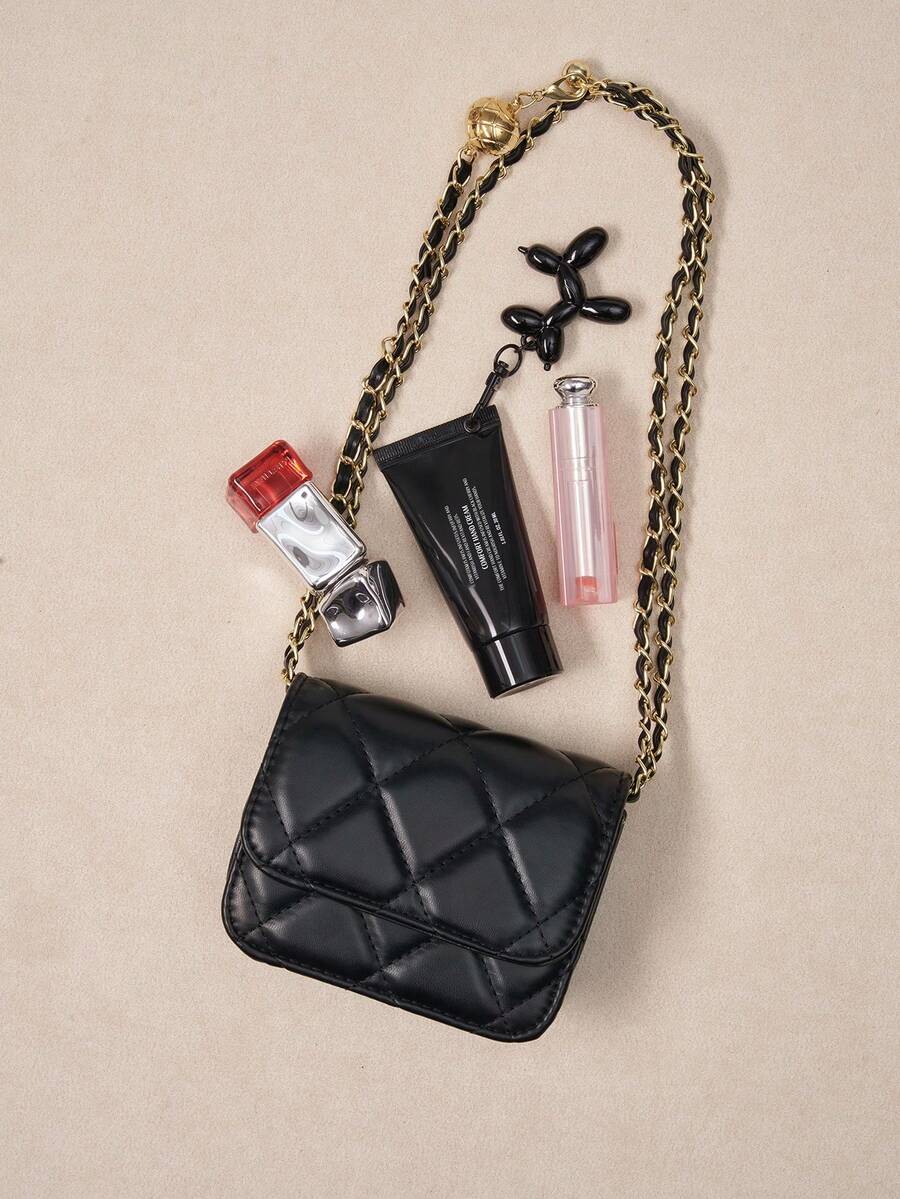 Okurime. Popular Spring/Summer Premium Quality Mini Lipstick Bag, Chain Shoulder Strap, Can Be Carried On Shoulder Or Underarm - Black - View 1