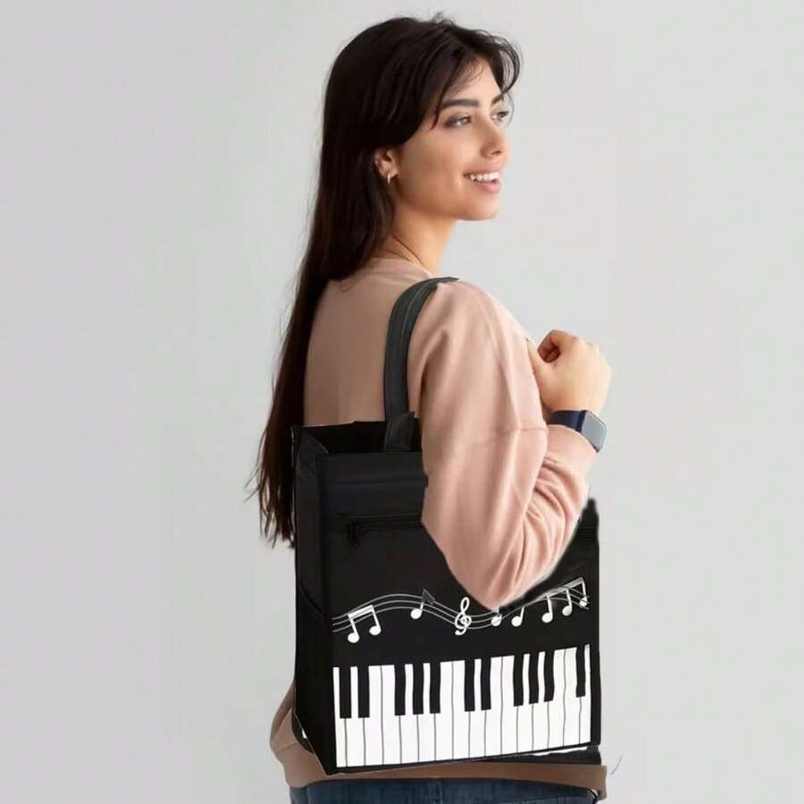 Musical Note Sheet Bag, Music Tote Bag, Student Large Capacity Waterproof Sheet Music Bag, Fashionable Reusable Shopping Tote Bag, Shoulder Bag, Handbag, Foldable, Suitable For Students, Office Workers, Commuters, Laptop Bag, Backpack Accessories - Multiple Styles - View 1