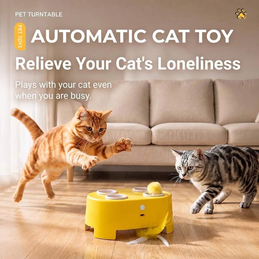 Interactive Cat Toy 3-In-1 Automatic Cheese-Shaped USB Rechargeable 4-Hole Mole & Rotating Feather 3-Mode Electric Pet Toy For Indoor Adult Cats & Kittens, Relieves Boredom Interactive Automatic Cat Toy