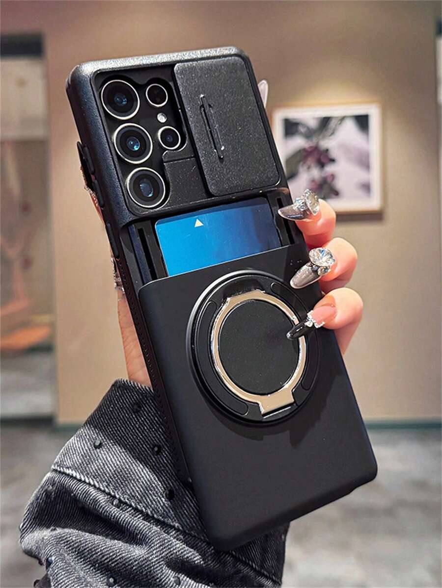 1件多功能裝甲防撞手機殼，內置卡槽卡夾，360°旋轉環磁吸支架，適用於 Galaxy S26Ultra S25Ultra S24Ultra S23Ultra S22Ultra S26Plus S25Plus S26 A57 A56 A55 5G，奢華滑蓋鏡頭保護，防震，支持無線充電