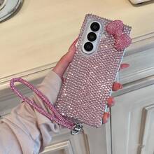 Casing Ponsel Lipat Pink Full Rhinestone 3D dengan Pita dan Tali Pergelangan Tangan Rhinestone, Cocok untuk Galaxy Z Fold3/Z Fold4/Z Fold5/Z Fold6/Z Fold7/8, Casing Pelindung Lipat Mewah dan Mengkilap untuk Perempuan. - Baby Pink - View 2