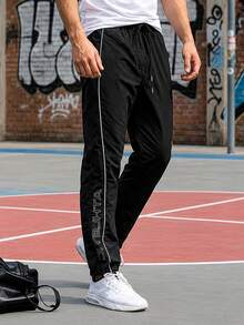 Men's Black Sports Long Pants, Joggers, Athletic Pants, Contrast Trim, Letter Print, Drawstring Waist, Elastic Cuffs, Side Pockets, Sportswear - Black - View 5