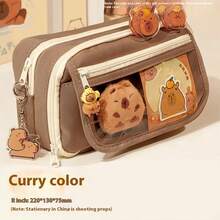6pcs Large Capacity Canvas Pencil Case, Capybara Pattern, Multi-Functional Stationery Storage Bag, Back To School Essential - Camel - View 17