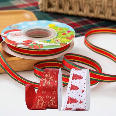 Bộ 1 cuộn ruy băng Giáng Sinh, ruy băng gân họa tiết sọc đỏ xanh cổ điển và cây thông Merry Christmas, ruy băng làm nơ gói quà DIY cho vòng hoa, bó hoa, trang trí tiệc lễ hội Noel