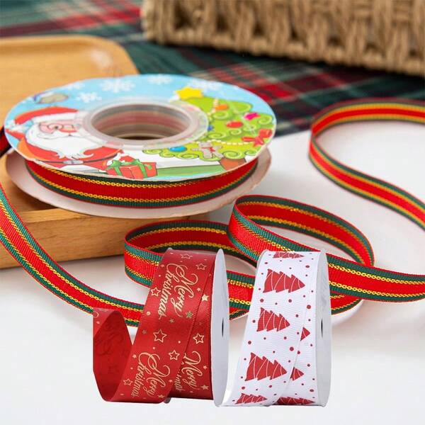 1 Roll Christmas Ribbon Set, Classic Red & Green Striped And Christmas Tree Pattern Satin Ribbon, DIY Gift Wrapping Bow Making Ribbon, Suitable For Christmas Wreaths, Bouquets, Holiday Party Decorations