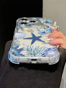 Ocean Blue Starfish Lily Shell Pattern Fresh Summer Transparent Four-Corner Shockproof Phone Case, Airbag Anti-Drop Soft Shell, Compatible With Apple 17 Pro Max/17 Pro/17/16 Pro Max/16 Pro/16/15 Pro Max/15 Pro/15 Plus/15/14 Pro Max/14 Plus/14/13 Pro Max/13 Pro/13 Mini/13/12 Pro Max/12 Pro/12 Mini/12/11/7/8 Beach Vacation Gift Summer Beach Girls Gift - Clear - View 4
