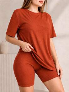 女士纯色短袖上衣和短裤两件套服装 - chedron - 查看 2