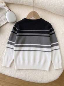 Boys' Preppy Style Color Block Striped Thin Knit Pullover Sweater, Suitable For School, Autumn/Winter - Black - View 4