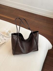Bolso tote de mujer de unicolor minimalista, bolso de hombro moderno para desplazamientos, bolso de gran capacidad adecuado para compras y desplazamientos - Café - Ver 2
