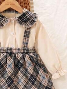 Baby Girl Long Sleeve Turn Collar Cuffed Fashion Shirt And Fashion Striped Overall Skirt - Apricot - View 4