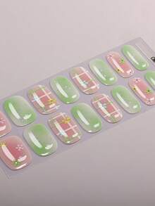 16片花卉無UV凝膠美甲貼，秋季清新格紋自黏凝膠美甲貼片，適合女性秋季穿搭與DIY美甲藝術 - 彩色 - 查看 2