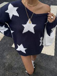 Sweater Lengan Panjang Leher V Motif Bintang Lima Warna Biru Gaya Kampus Fashion Jalanan Y2K Kasual Longgar - Royal Blue - View 2