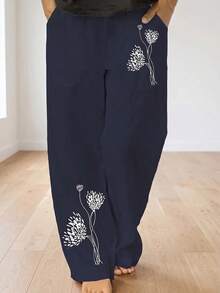 (Non-Localized Printing) Women's Botanical Print Casual Pants - Navy Blue - View 1