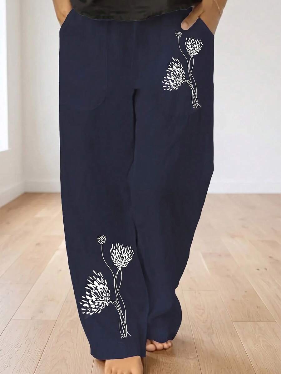 (Non-Localized Printing) Women's Botanical Print Casual Pants - Navy Blue - View 1