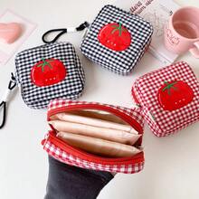PURDORED CutePlaid迷你正方形刺繡番茄圖案拉鍊收納包，附手提帶，便攜式化妝品口紅衛生棉收納袋零錢包 - 彩色 - 查看 7